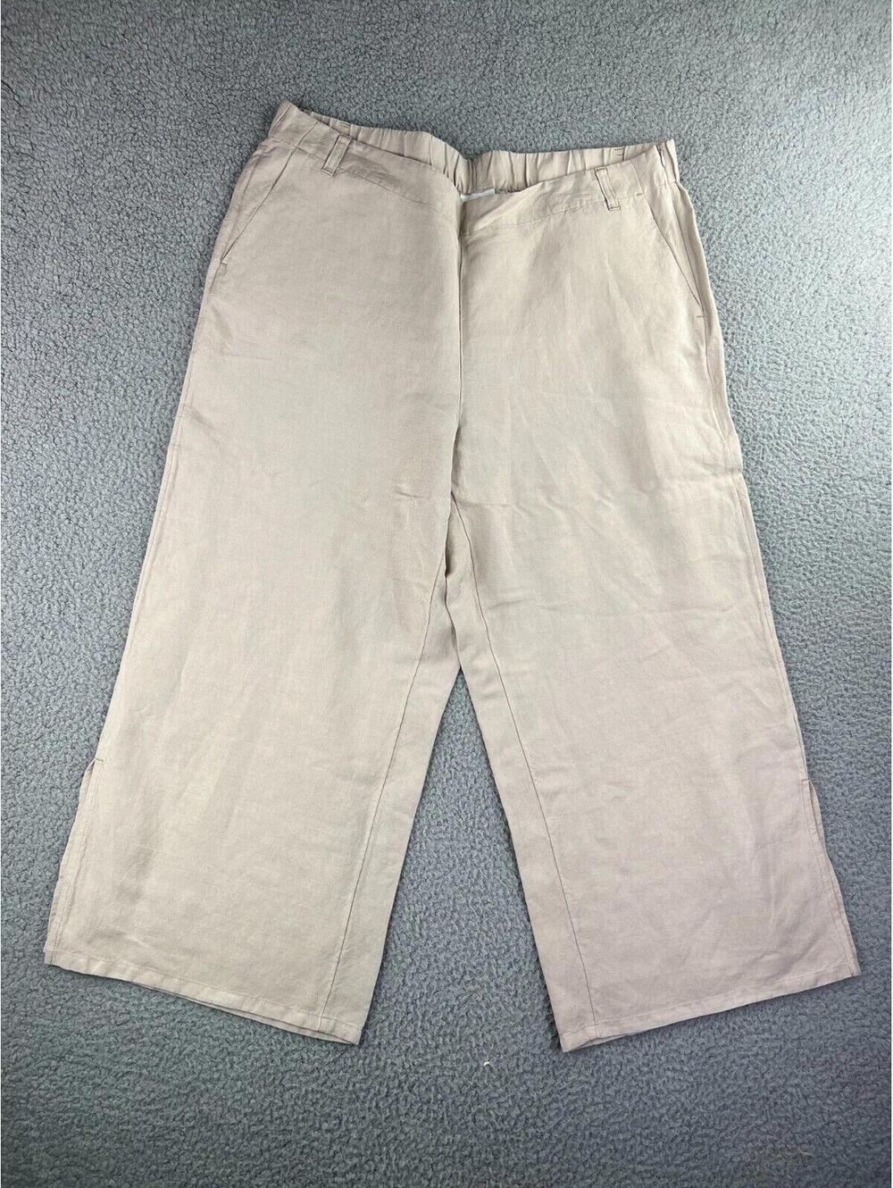 J JILL Black Linen Blend Beige Cropped Pants Full Wide Leg Sz 40W x 26L